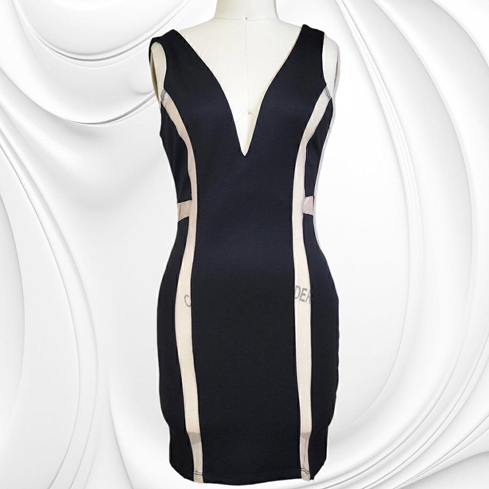Solemio black nude-color sheer accents deep plunge dress